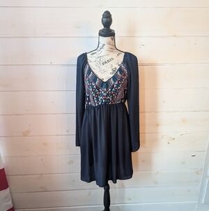 Jodi Kristopher Navy Embroidered Fit & Flare Boho Dress Long Sleeve XL